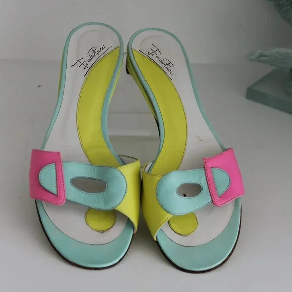 RARE RETRO Emilio Pucci Colorblock Leather Yellow Pink Green Slides Sandals 37.5 - Picture 3 of 11